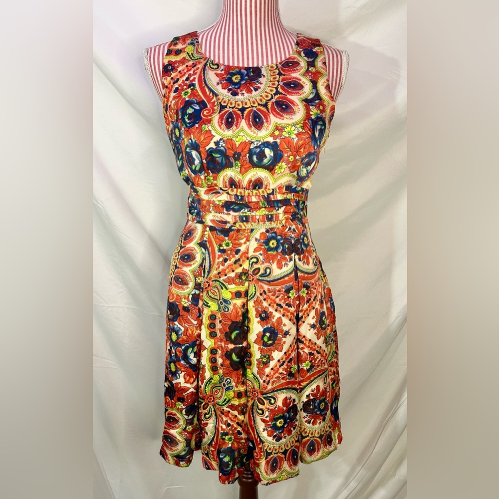 Alice Moon Colorful Orange Silky Paisley Boho Pleated A-Line Mini Dress Sz Small